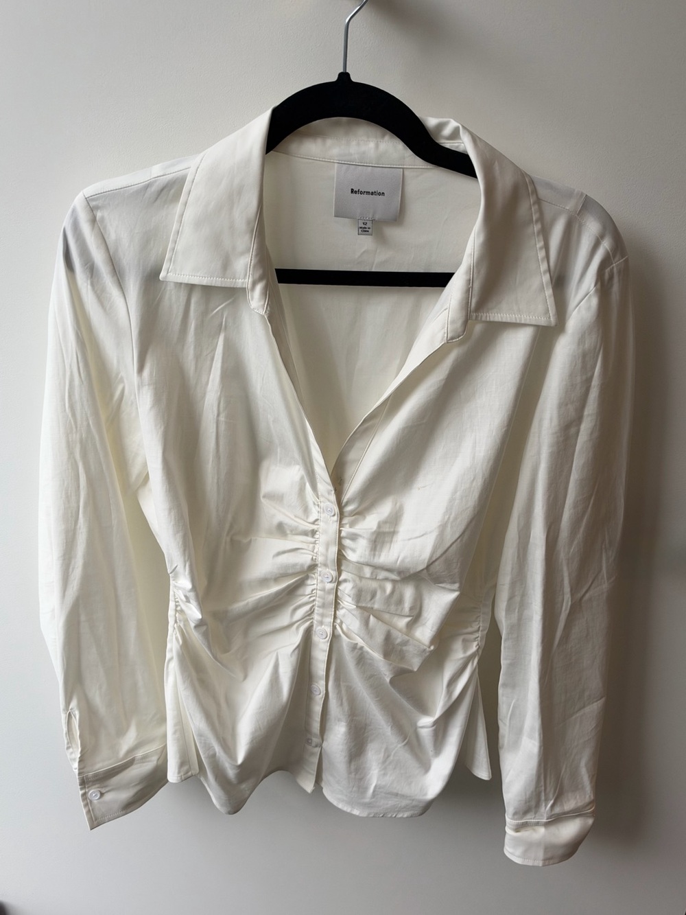 Reformation Ivory Ruched Button-Front Shirt